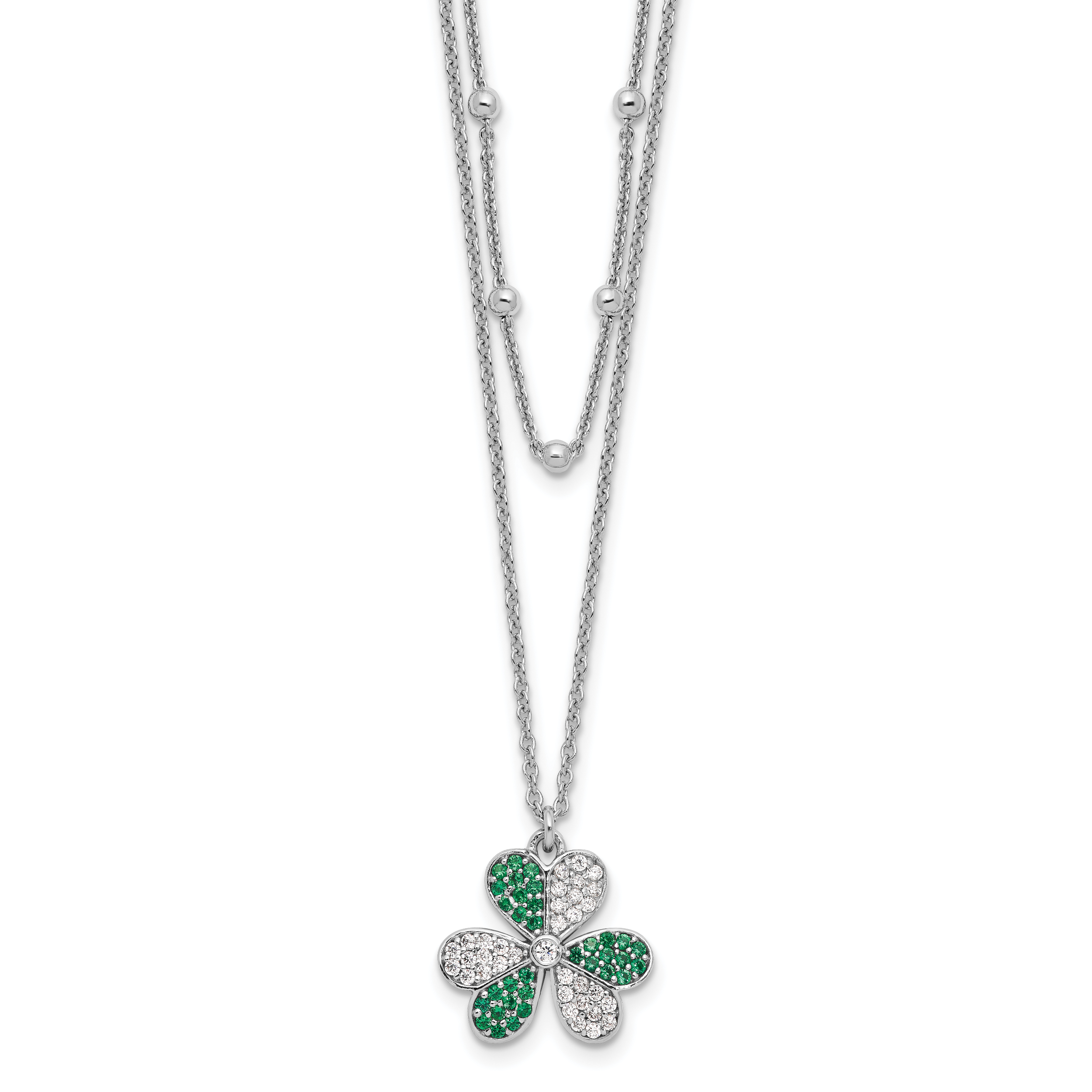 Sterling Silver Rhod-pltd CZ/Crystal Clover Beaded 16in w/2 in ext Necklace (QG6679-16)