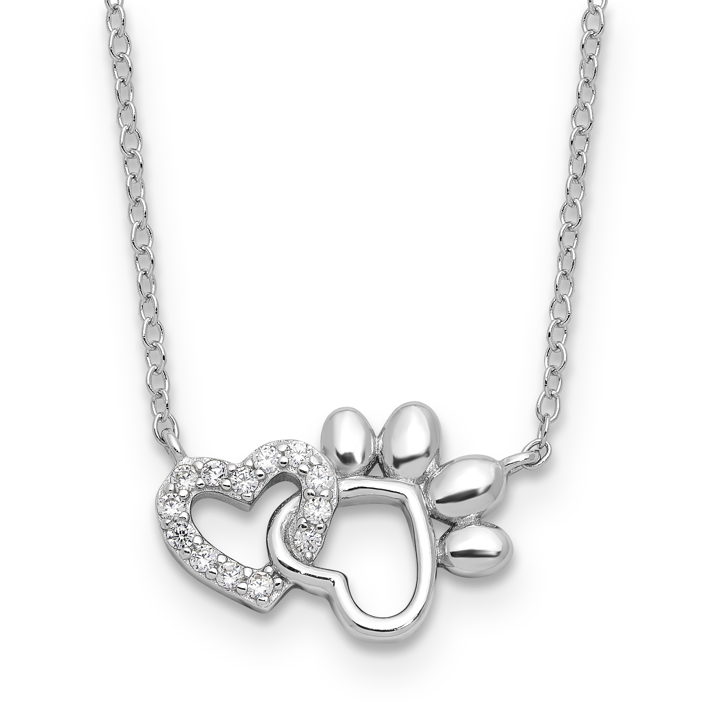 Sterling Silver RH-plated CZ Heart and Pawprint 16in w/2in ext Necklace (QG6683-16)