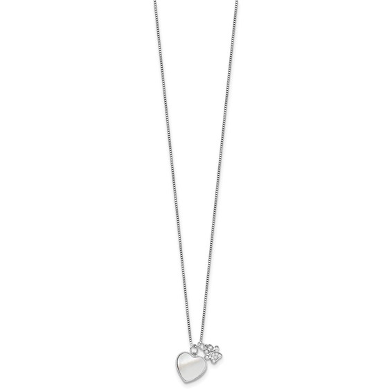 Sterling Silver Rhod-plated MOP/CZ Paw w/2IN Ext Necklace