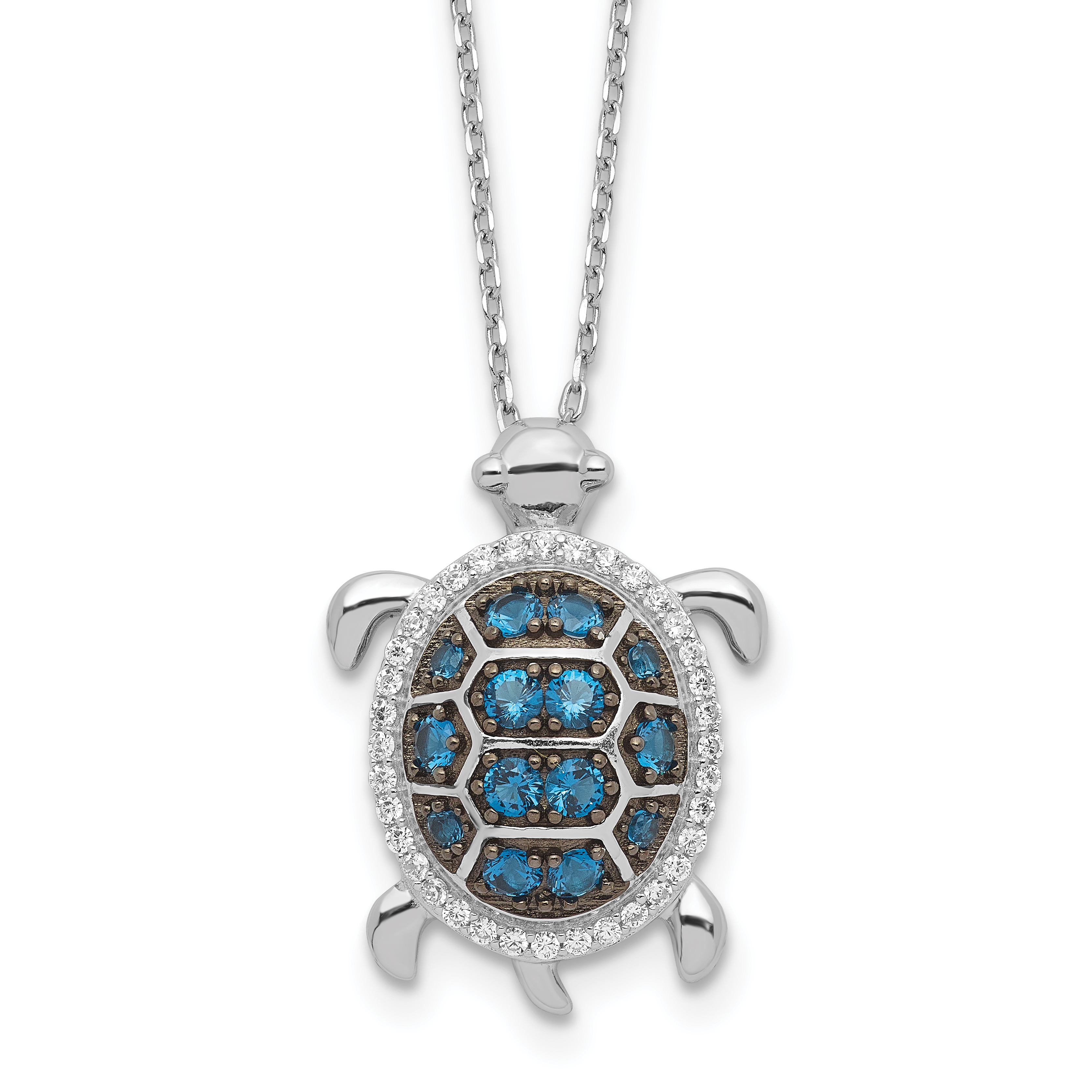 Sterling Silver Rhodium-plated and Black Rhodium CZ Turtle 16 inch with a 2 inch extention Necklace (QG6686-16)