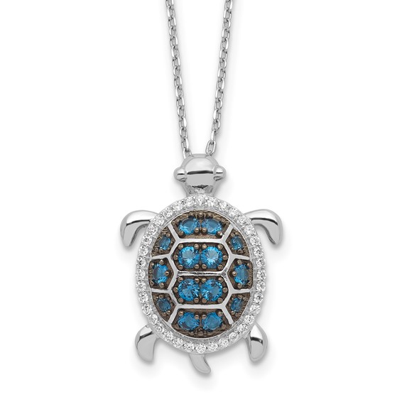 Sterling Silver Rhodium-plated and Black Rhodium CZ Turtle 16 inch with a 2 inch extention Necklace