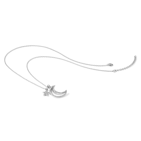 Sterling Silver Rhod-plated CZ Moon/Star w/2In Ext Necklace