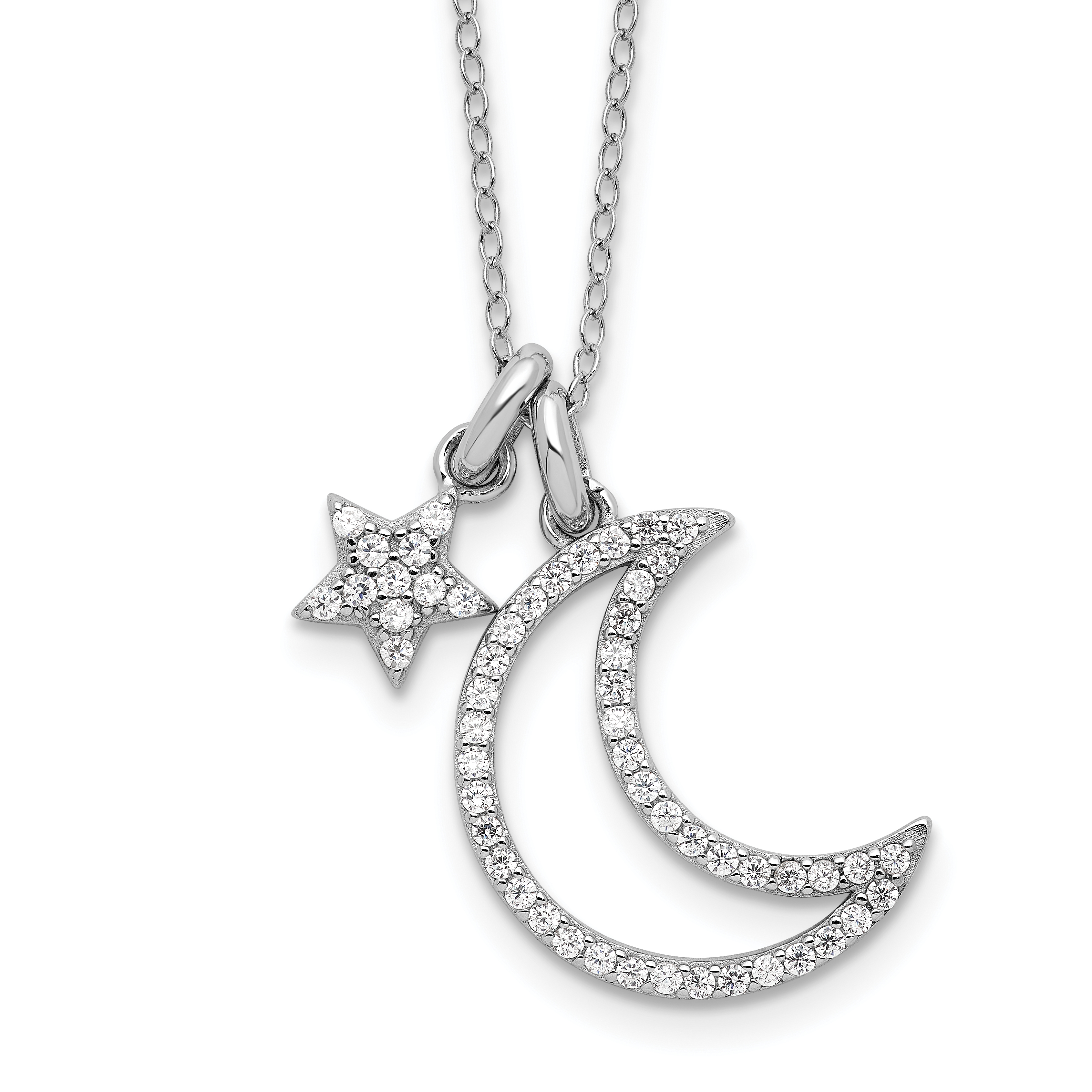 Sterling Silver Rhod-plated CZ Moon/Star w/2In Ext Necklace (QG6689-18)