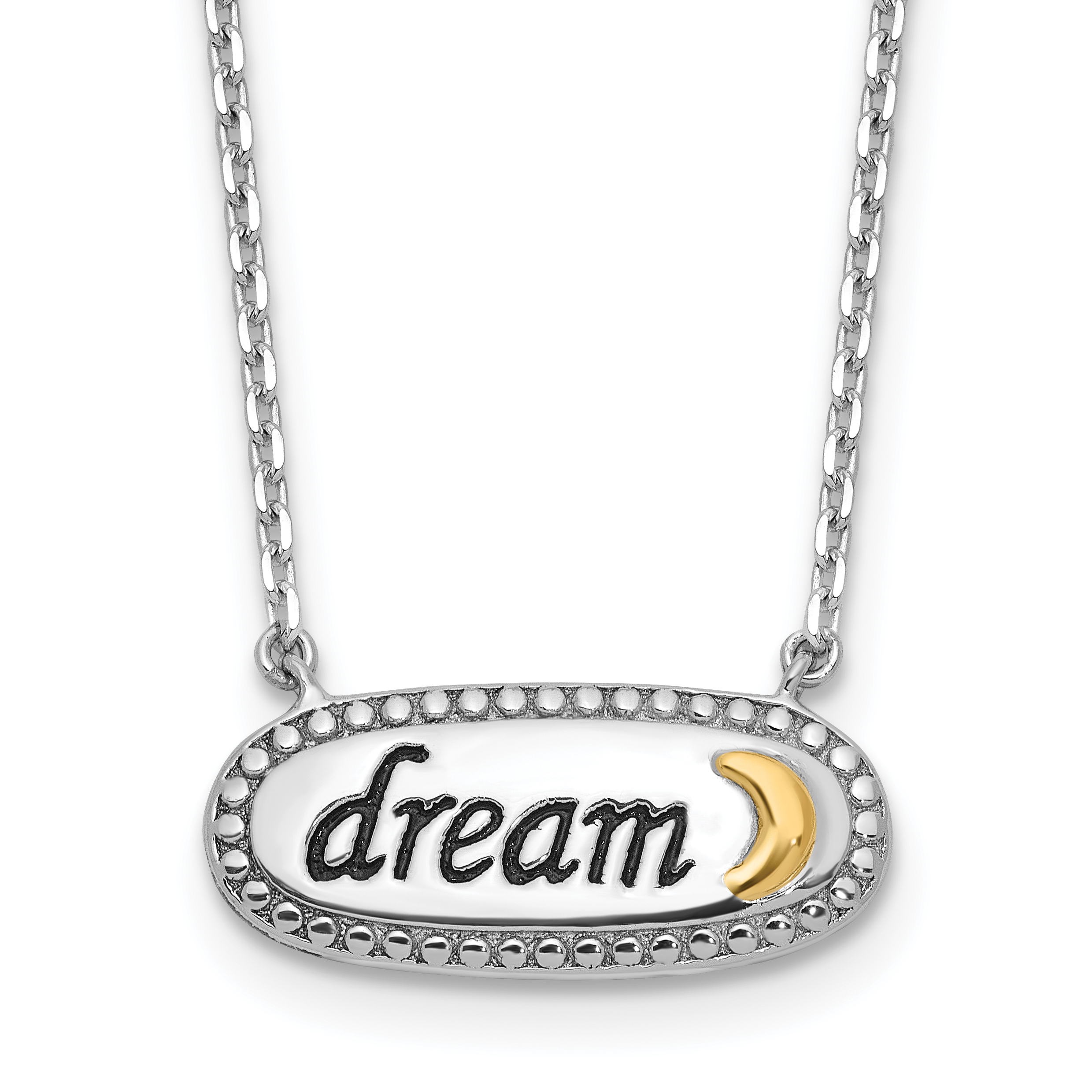 Sterling Silver w/14k Accent Rh-plated Enamel DREAM w/2 in ext Necklace (QG6691-16)