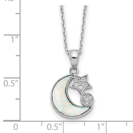 Sterling Silver RH-plated CZ Created Opal Inlay Moon w/2in ext Necklace
