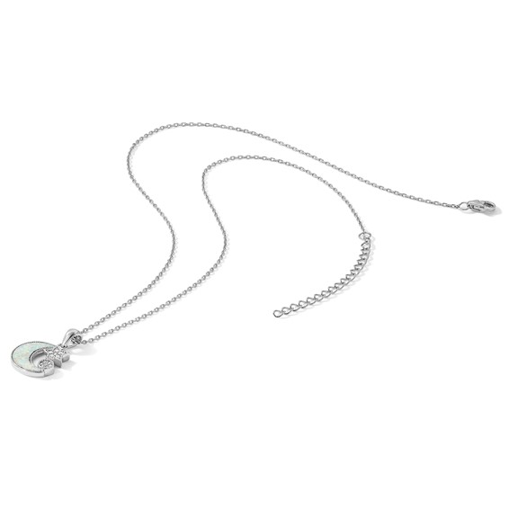 Sterling Silver RH-plated CZ Created Opal Inlay Moon w/2in ext Necklace