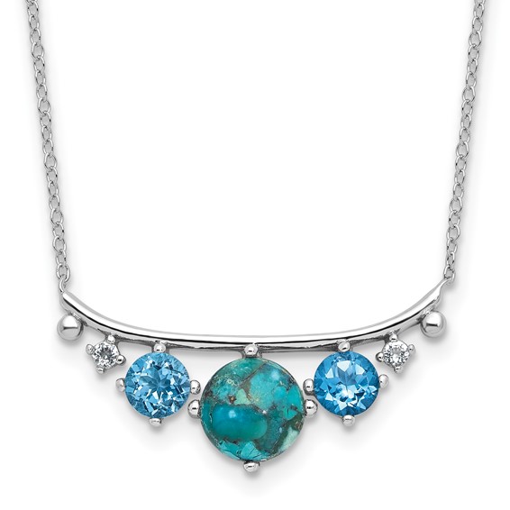 Sterling Silver  RH-pl Multi Color CZ Reconstituted Turq. w/2in ext Necklac