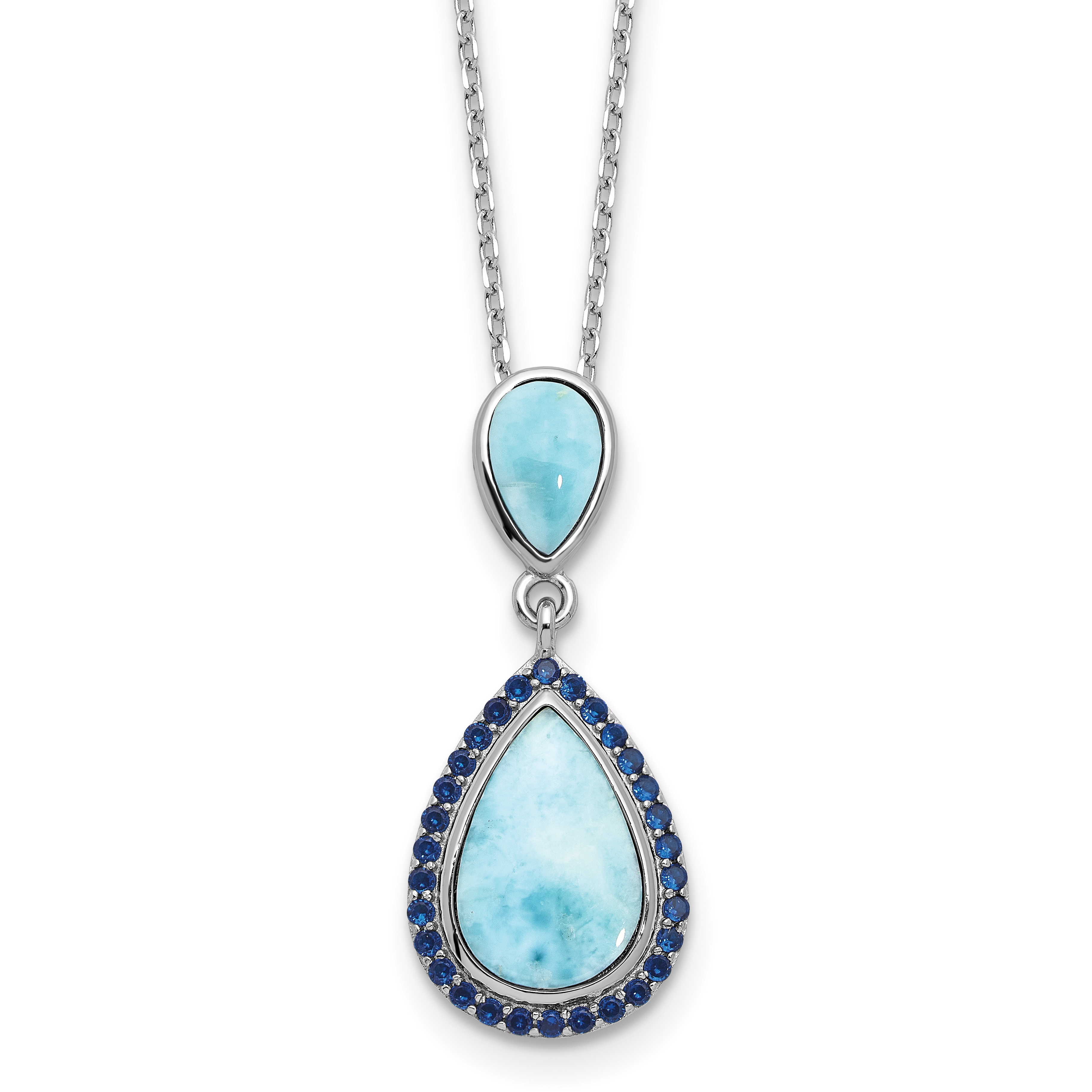 Sterling Silver RH-plated Blue CZ and Larimar 16in w/2in ext Necklace (QG6696-16)