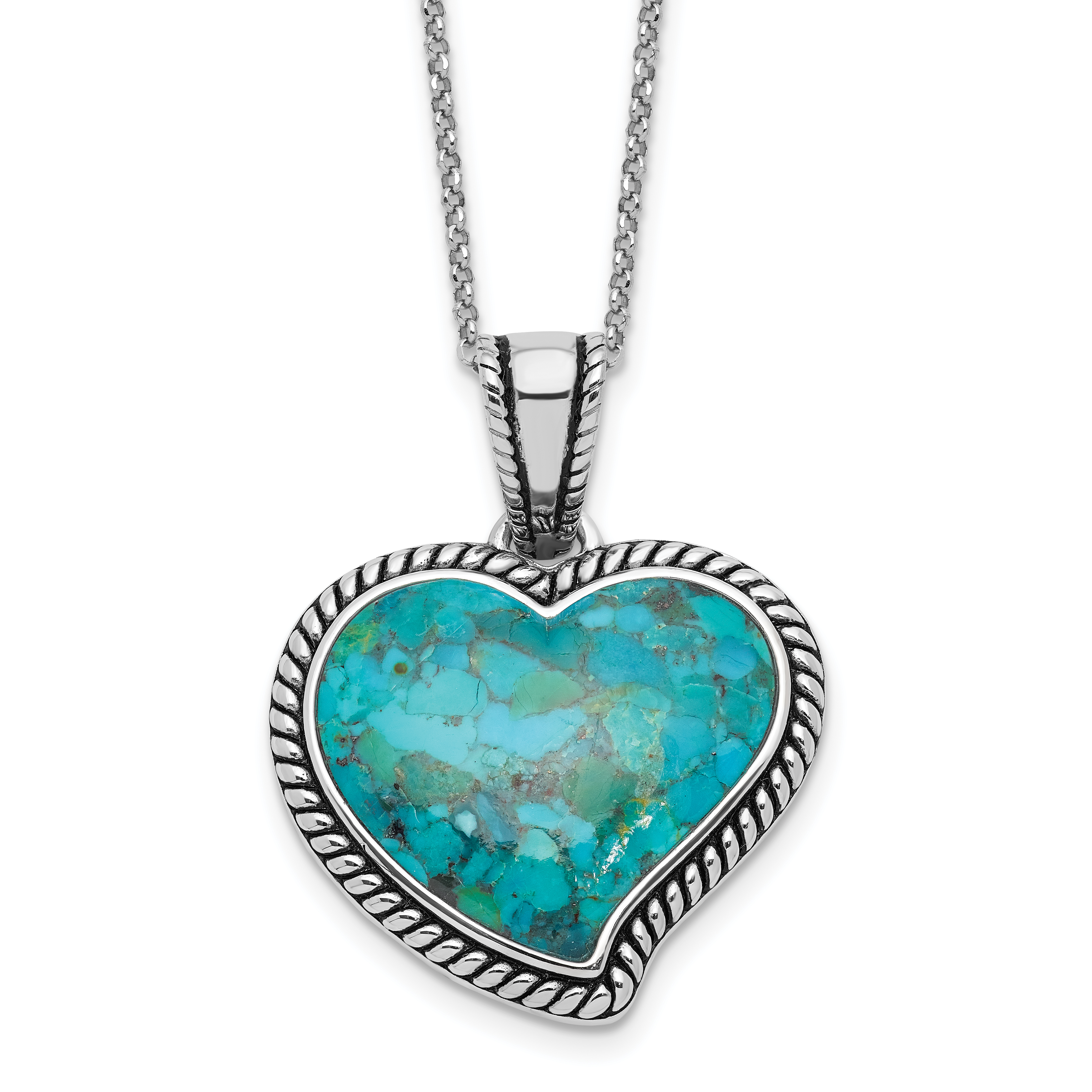 Sterling Silver RH-pl Oxidized Compressed Turquoise w/1.75in ext Necklace (QG6698-16)