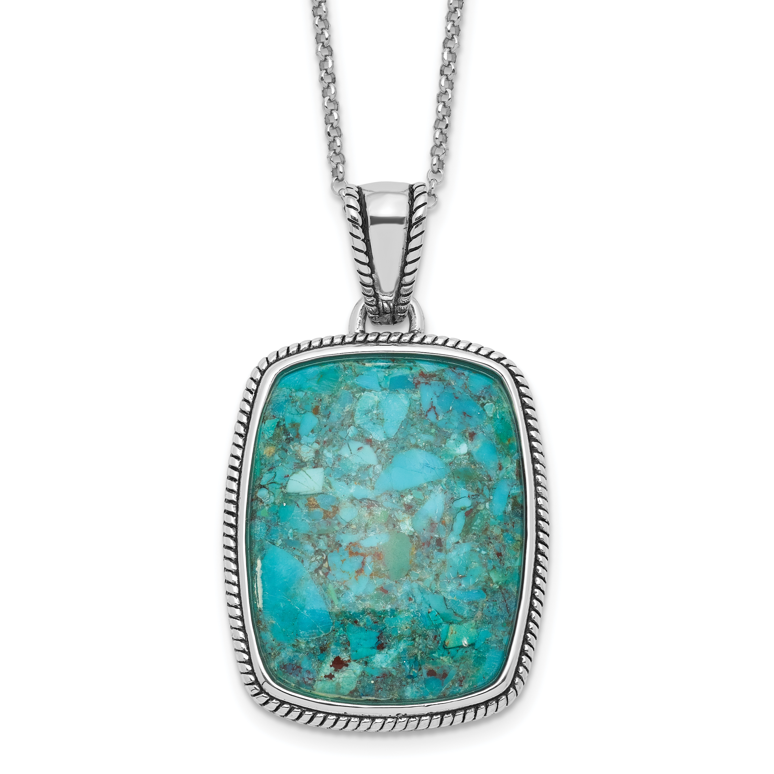 Sterling Silver RH-pl Oxidized Compressed Turquoise w/1.75in ext Necklace (QG6699-16)