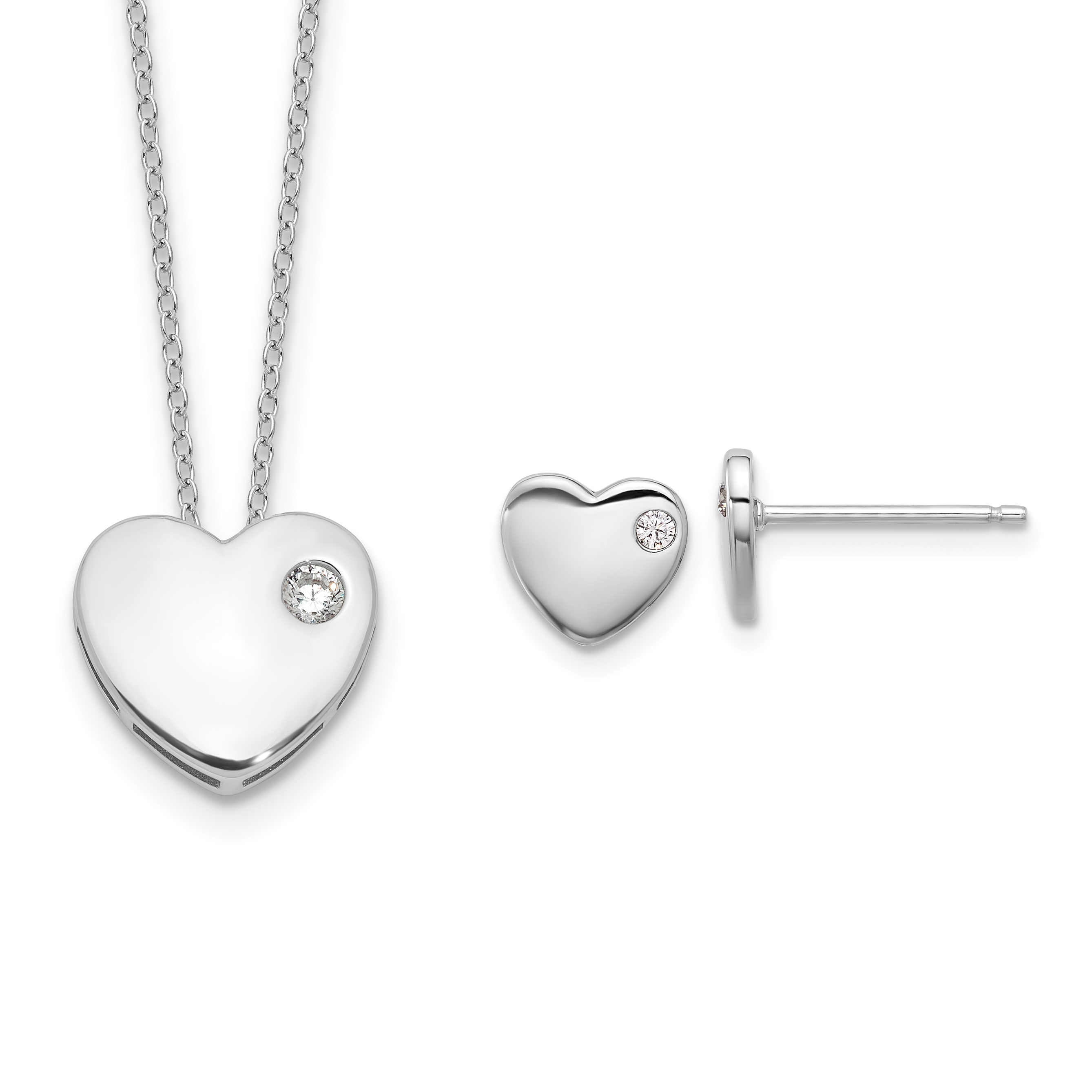 Sterling Silver RH-plated CZ Heart 18in Necklace and Post Earring Set (QG6703SET)