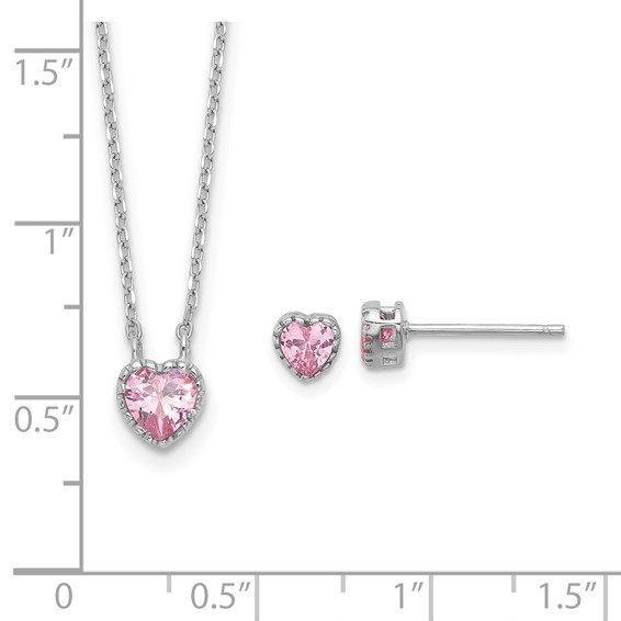 Sterling Silver Rhodium-plated Polished Pink CZ Heart Children's 13in w/2in Ext. Necklace & Stud Earring Set