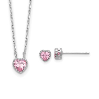 Sterling Silver Rhodium-plated Polished Pink CZ Heart Children's 13in w/2in Ext. Necklace & Stud Earring Set