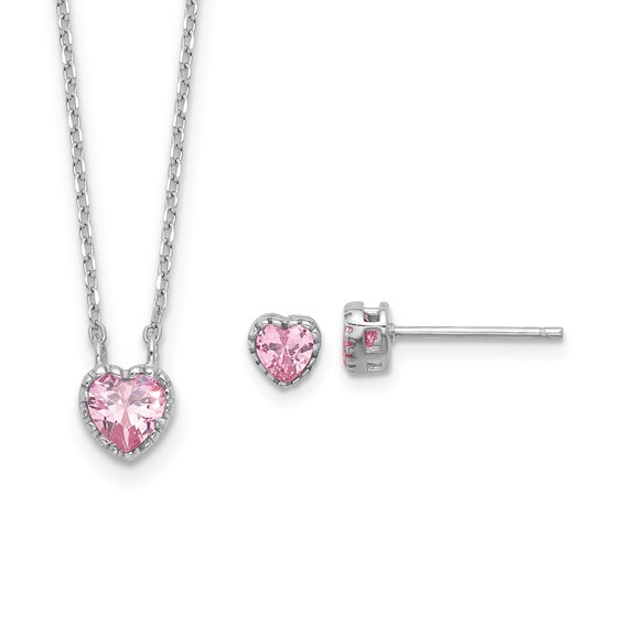 Sterling Silver Rhodium-plated Polished Pink CZ Heart Children's 13in w/2in Ext. Necklace & Stud Earring Set