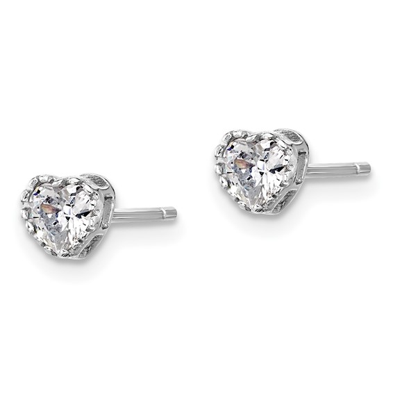 Sterling Silver Rhodium-plated Polished CZ Heart Children's 13in w/2in Ext. Necklace & Stud Earring Set