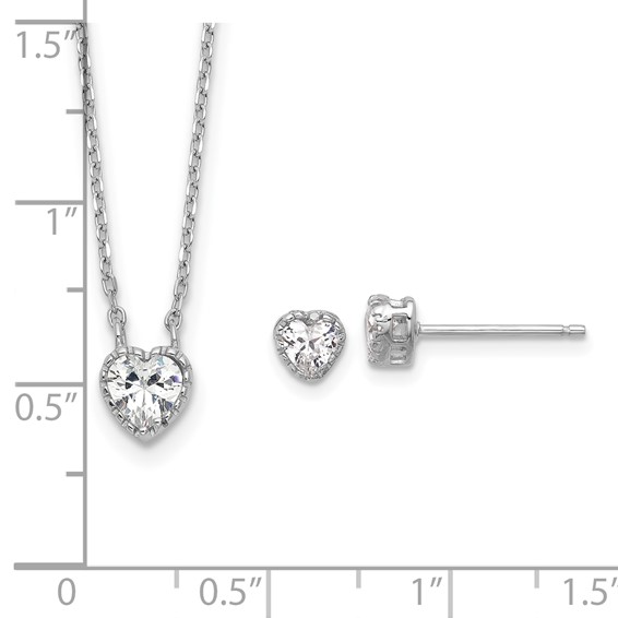 Sterling Silver Rhodium-plated Polished CZ Heart Children's 13in w/2in Ext. Necklace & Stud Earring Set