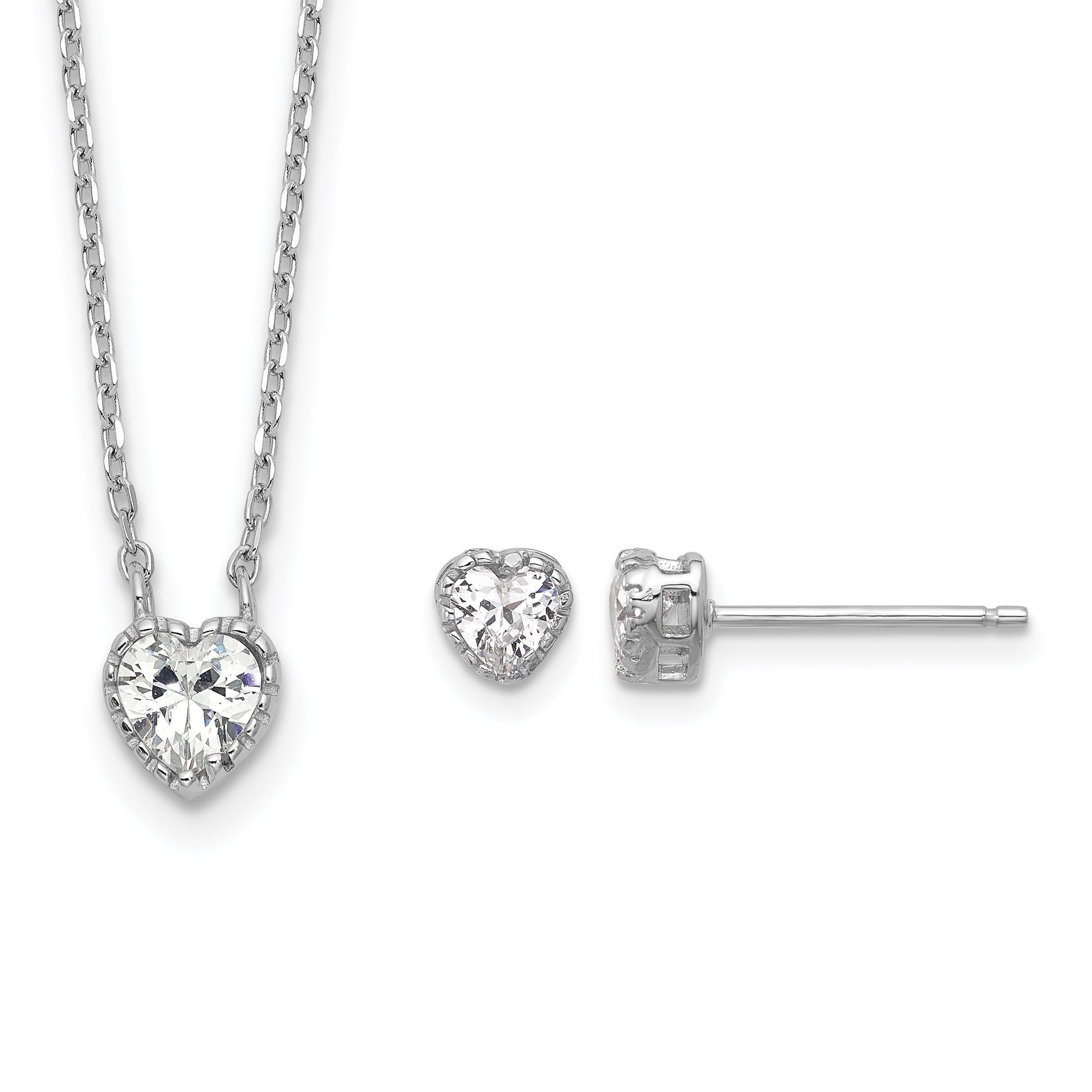Sterling Silver Rhodium-plated Polished CZ Heart Children's 13in w/2in Ext. Necklace & Stud Earring Set (QG6705SET)