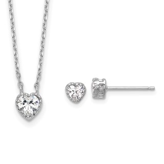 Sterling Silver Rhodium-plated Polished CZ Heart Children's 13in w/2in Ext. Necklace & Stud Earring Set