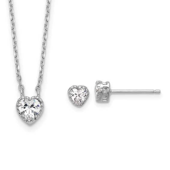 Sterling Silver Rhodium-plated Polished CZ Heart Children's 13in w/2in Ext. Necklace & Stud Earring Set