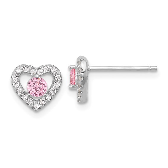 Sterling Silver Rhodium-plated Polished Pink & White CZ Heart Children's 10in w/2in Ext. Necklace & Post Earring Set