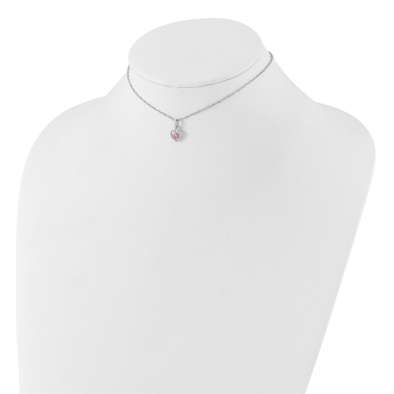 Sterling Silver Rhodium-plated Polished Pink & White CZ Heart Children's 10in w/2in Ext. Necklace & Post Earring Set