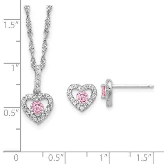 Sterling Silver Rhodium-plated Polished Pink & White CZ Heart Children's 10in w/2in Ext. Necklace & Post Earring Set