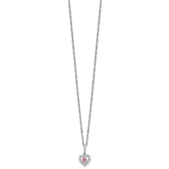 Sterling Silver Rhodium-plated Polished Pink & White CZ Heart Children's 10in w/2in Ext. Necklace & Post Earring Set
