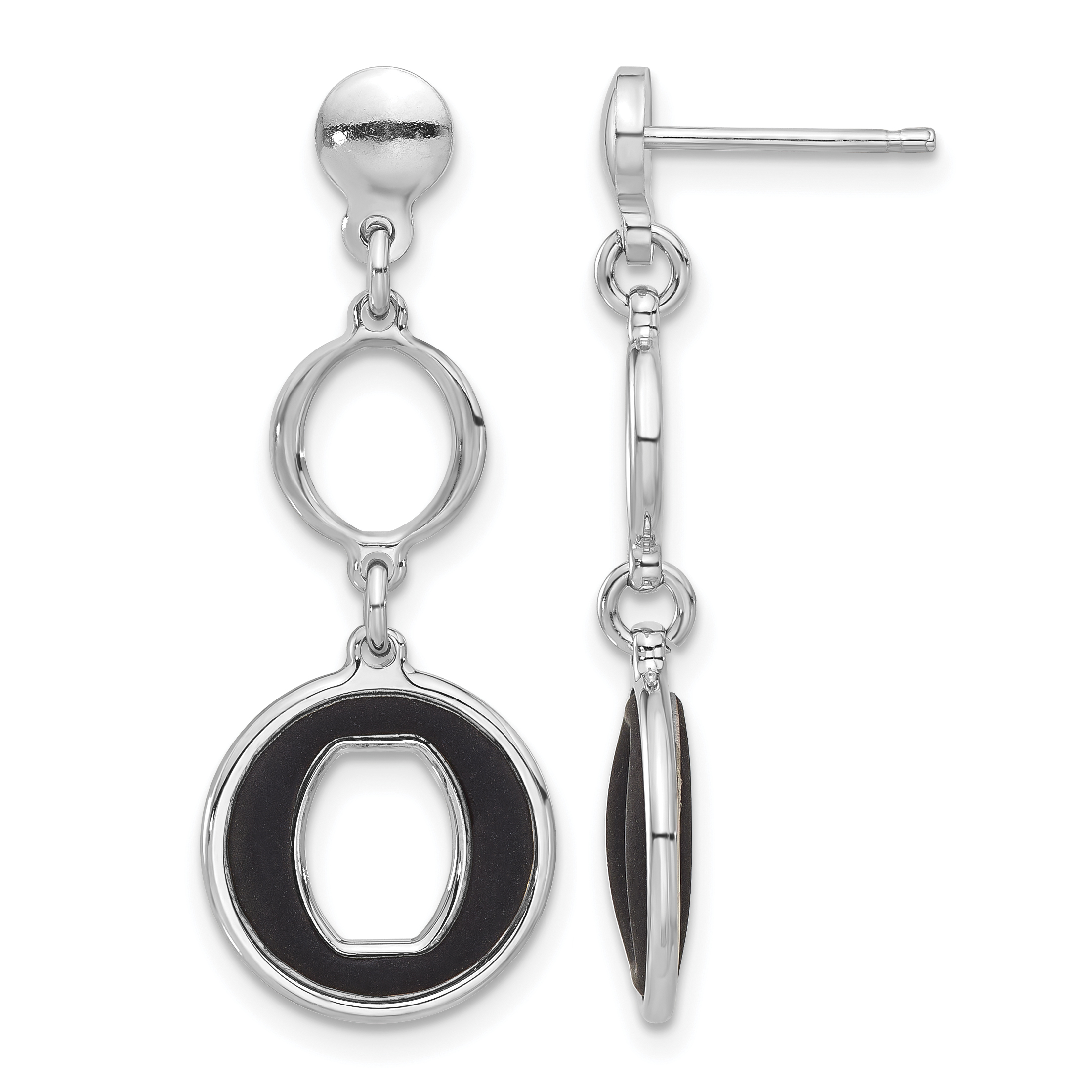 Sterling Silver Rhodium-plated Polished Black Circle Post Dangle Earrings (QG6710E)