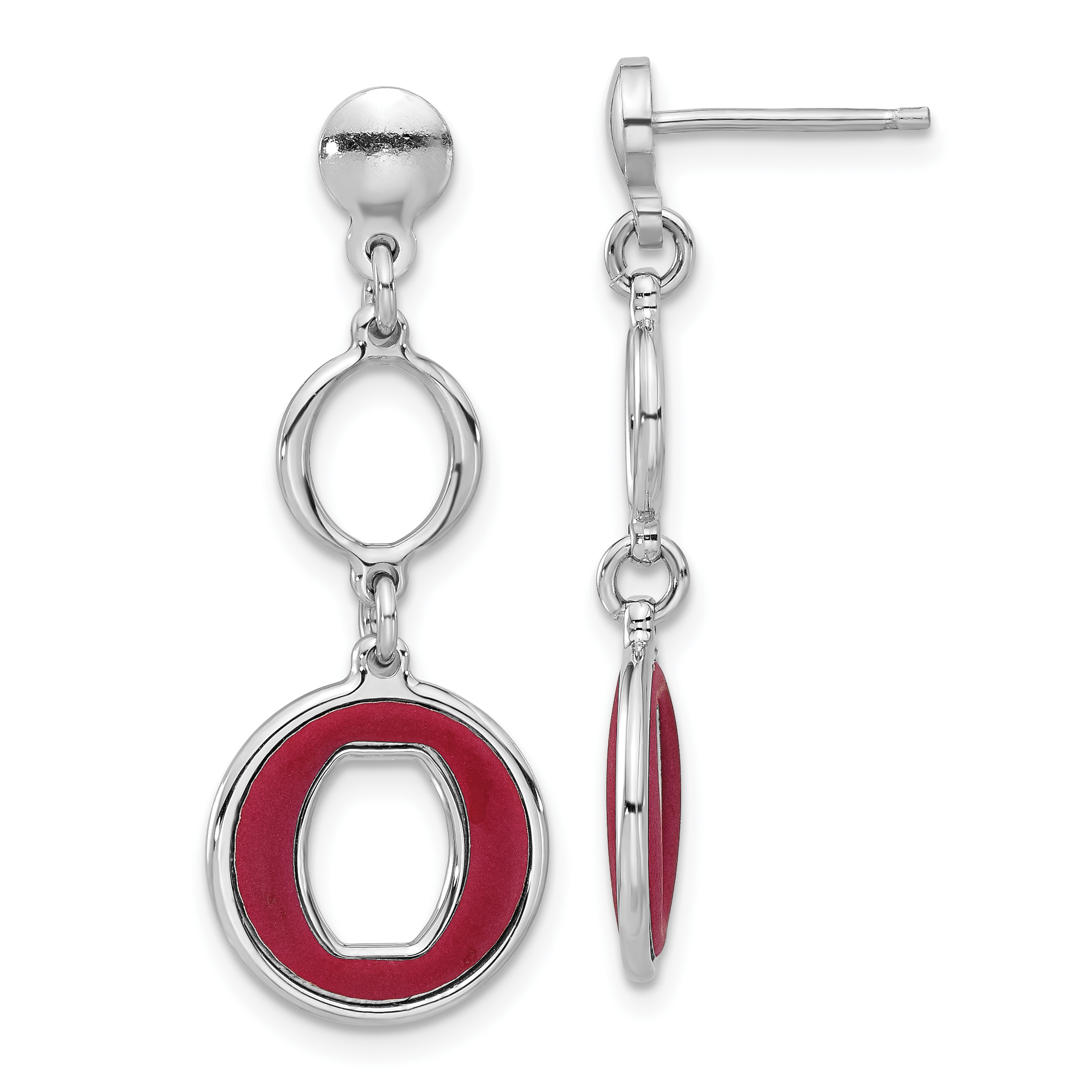 Sterling Silver Rhodium-plated Polished Red Circle Post Dangle Earrings (QG6711E)