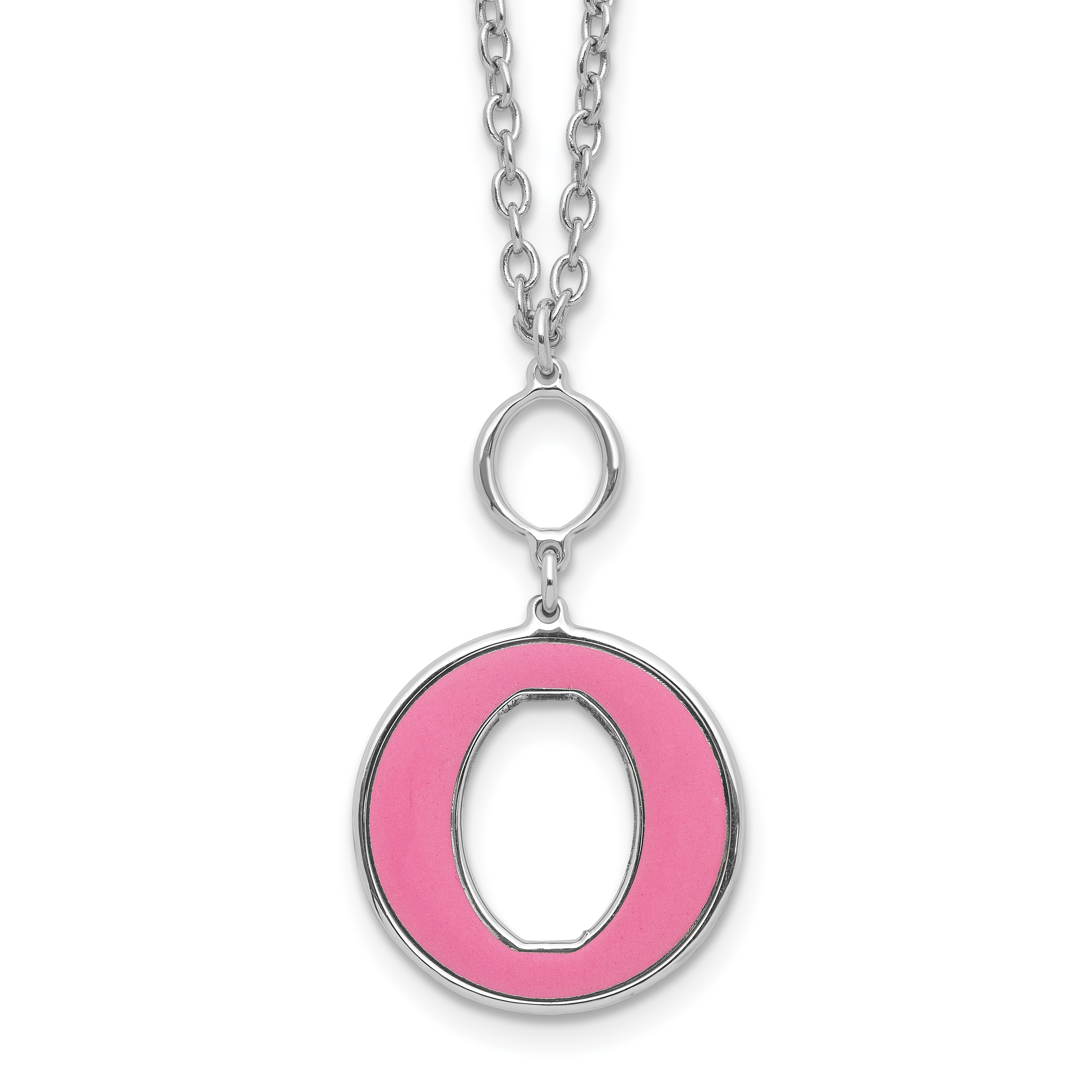 Sterling Silver Rhodium-plated 18in w/2in ext Pink Enamel Circle Necklace (QG6714-18)