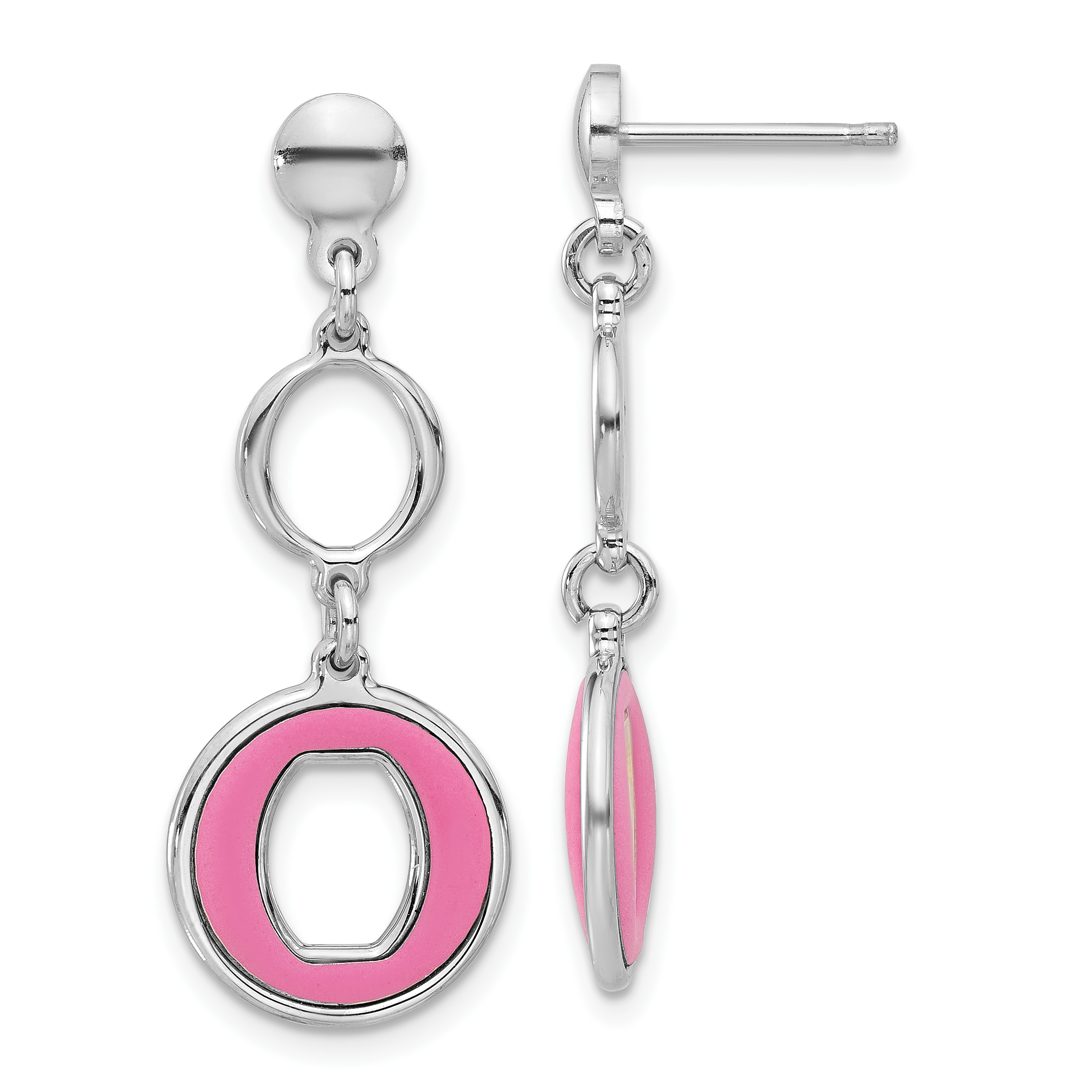 Sterling Silver Rhodium-plated Polished Pink Circle Post Dangle Earrings (QG6714E)