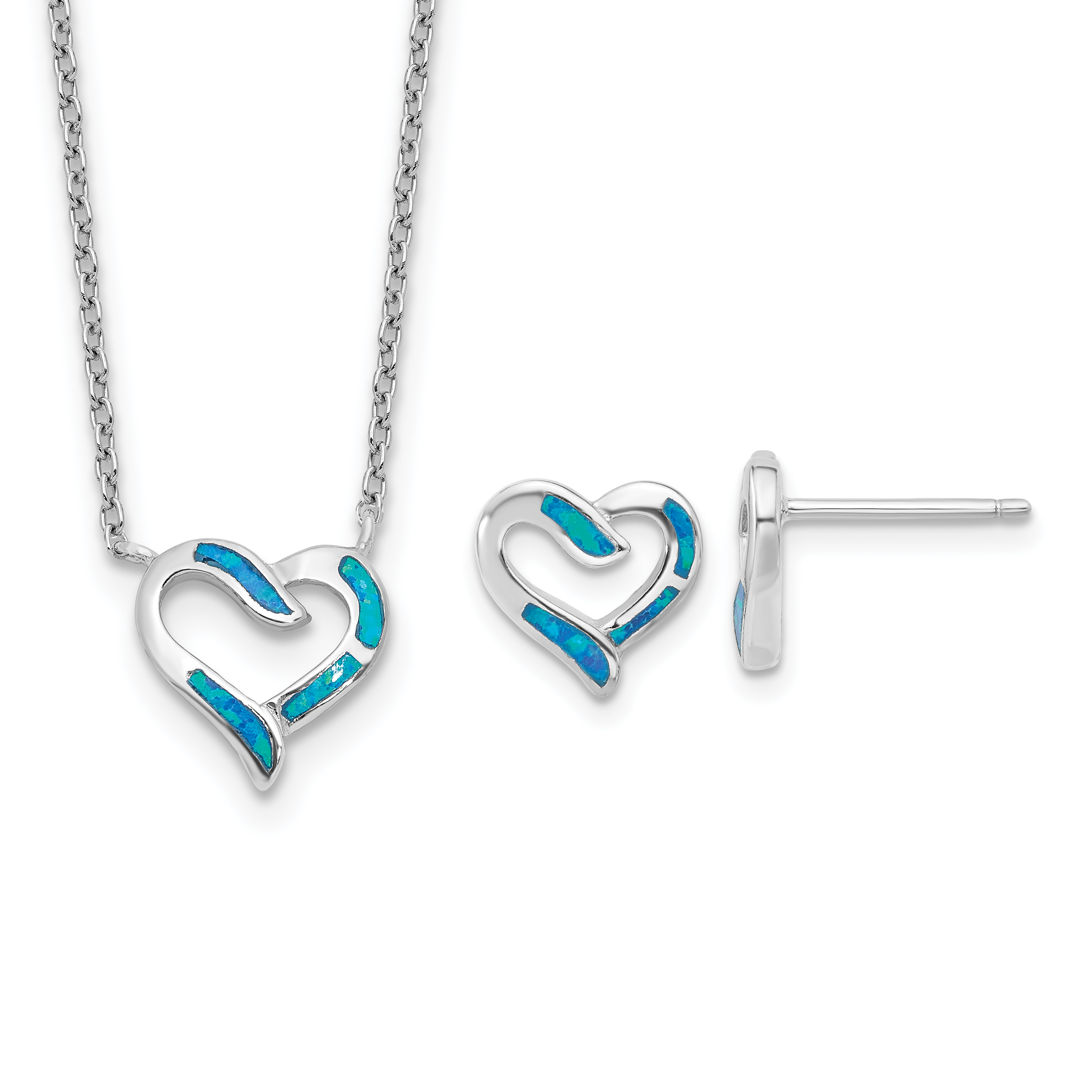 Sterling Silver RH-pl Cr.Opal Heart 16in Necklace w/2in ext and Earring Set (QG6717SET)