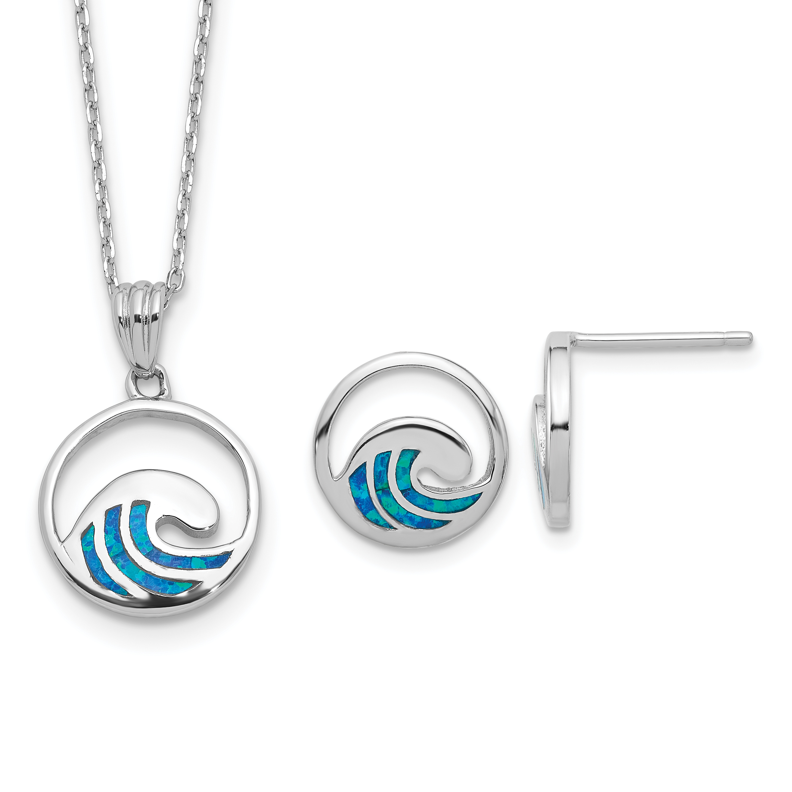 Sterling Silver RH-pl Cr.Opal Wave 16in Necklace w/2in ext/Earring Set (QG6719SET)