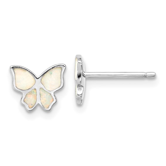 Sterling Silver RH-pl Cr.Opal Butterfly 16in Necklace w/2in ext/Earring Set