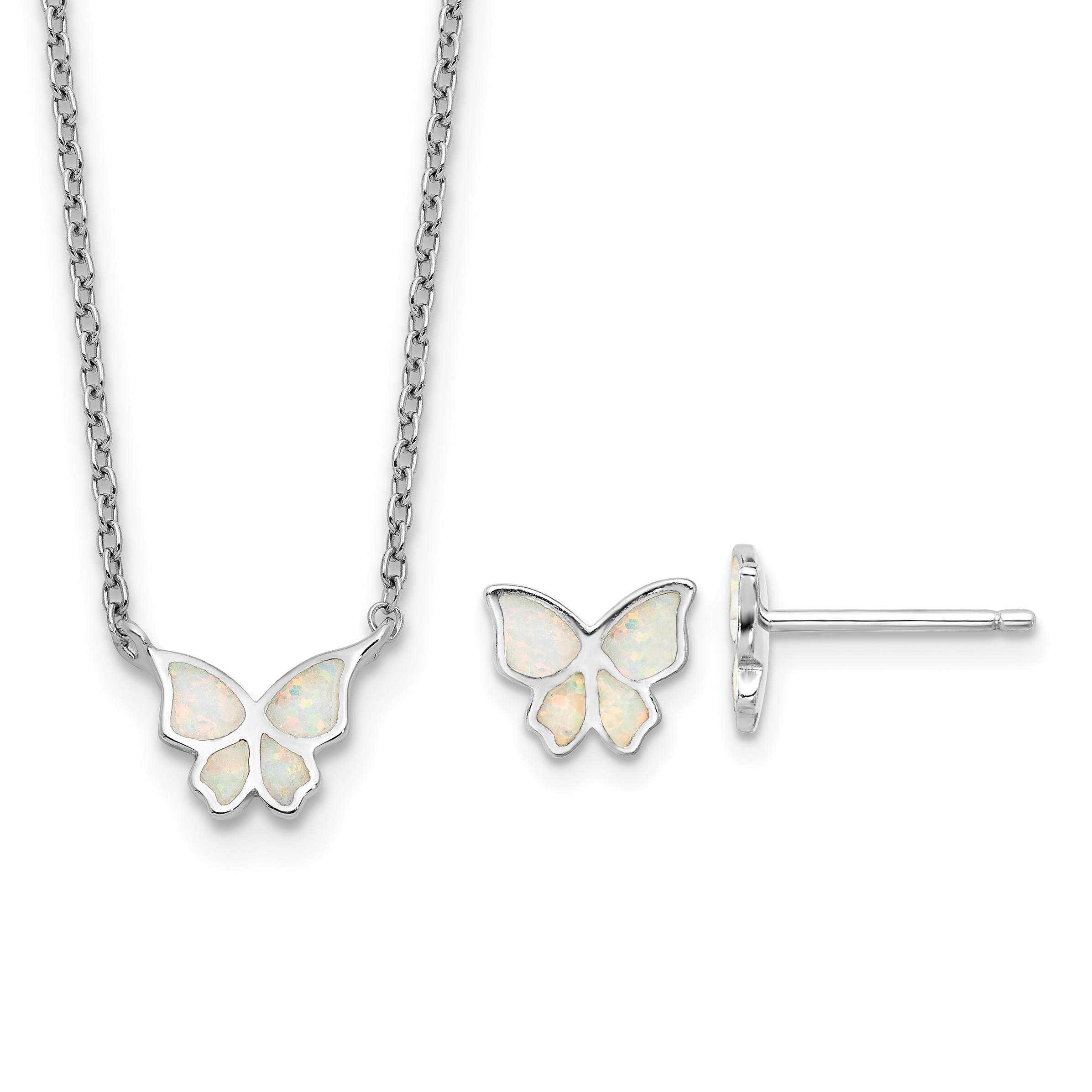 Sterling Silver RH-pl Cr.Opal Butterfly 16in Necklace w/2in ext/Earring Set (QG6720SET)