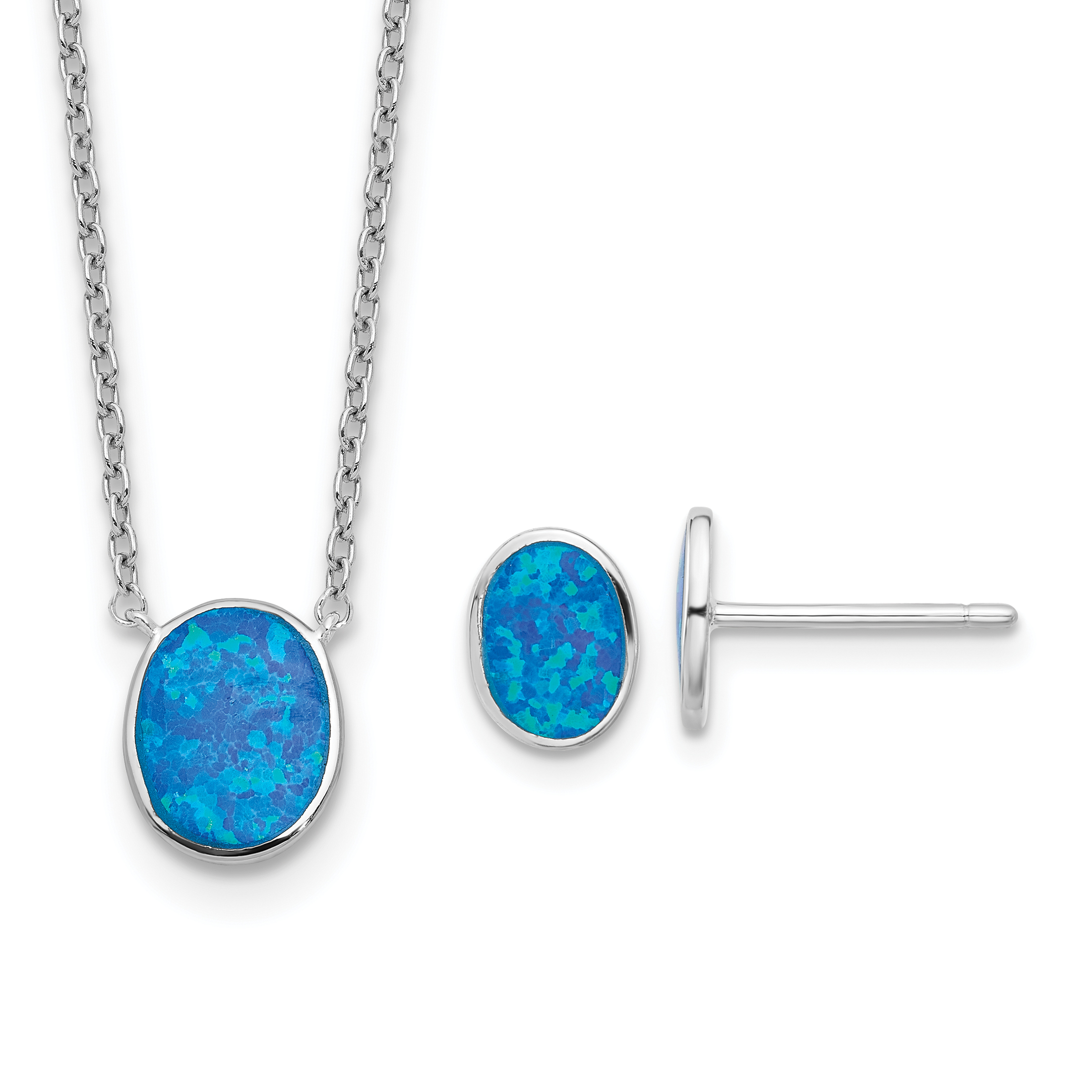 Sterling Silver RH-pl Blue Cr.Opal Oval 16in Necklace w/1.75 ext/Earring Se (QG6722SET)