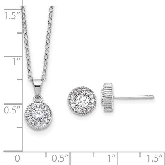 Sterling Silver RH-plated CZ Post Earrings and 16in Necklace w/2in ext Set