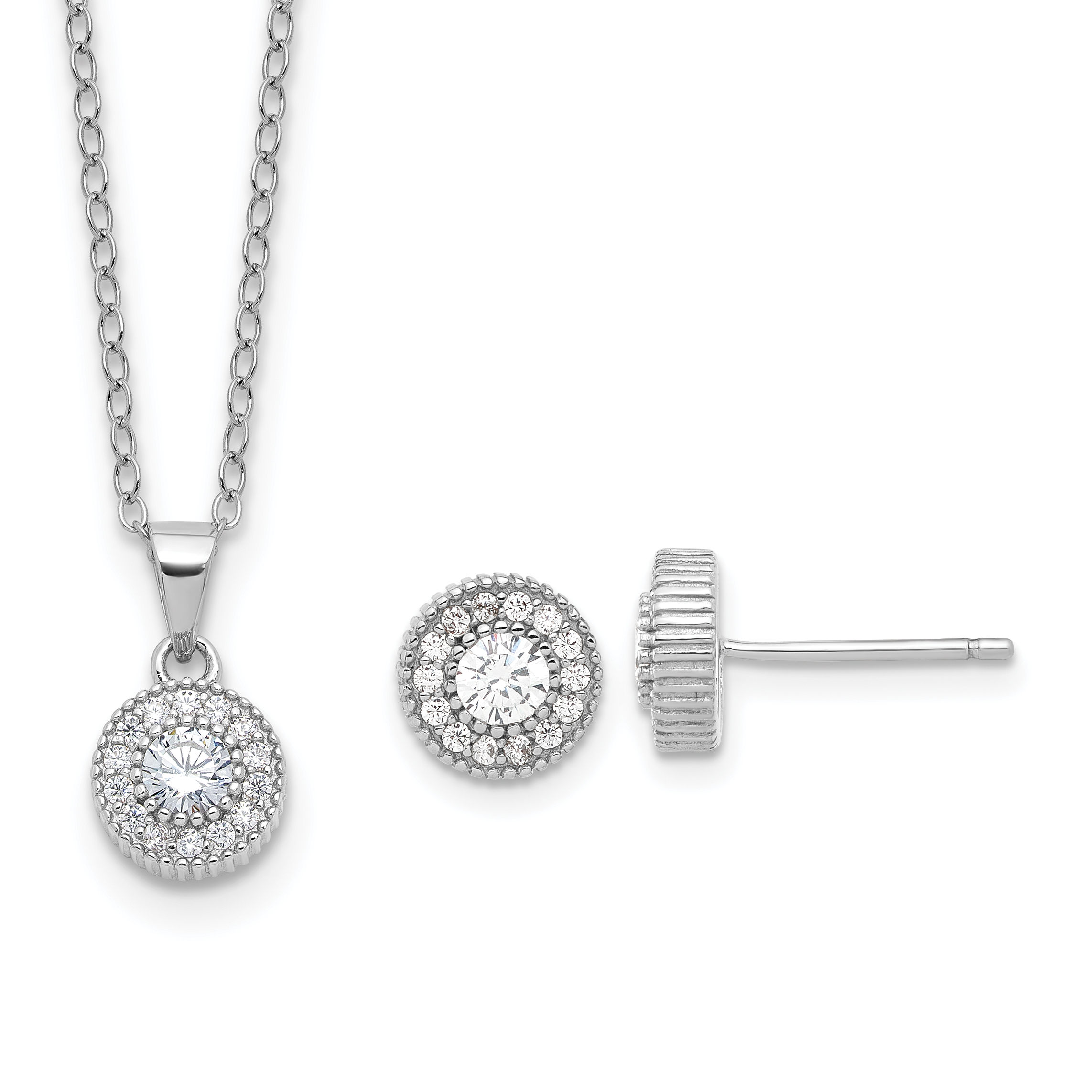 Sterling Silver RH-plated CZ Post Earrings and 16in Necklace w/2in ext Set (QG6724SET)