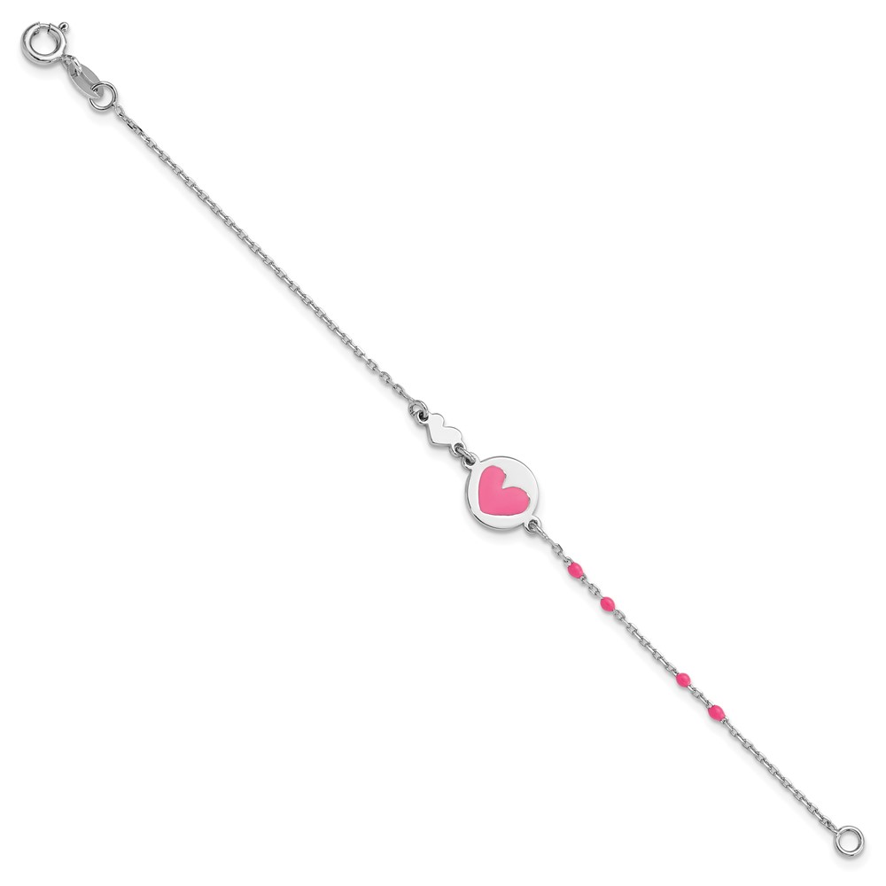 Sterling Silver Polished Pink Enamel Heart Children's 6in Bracelet (QG6725-6)