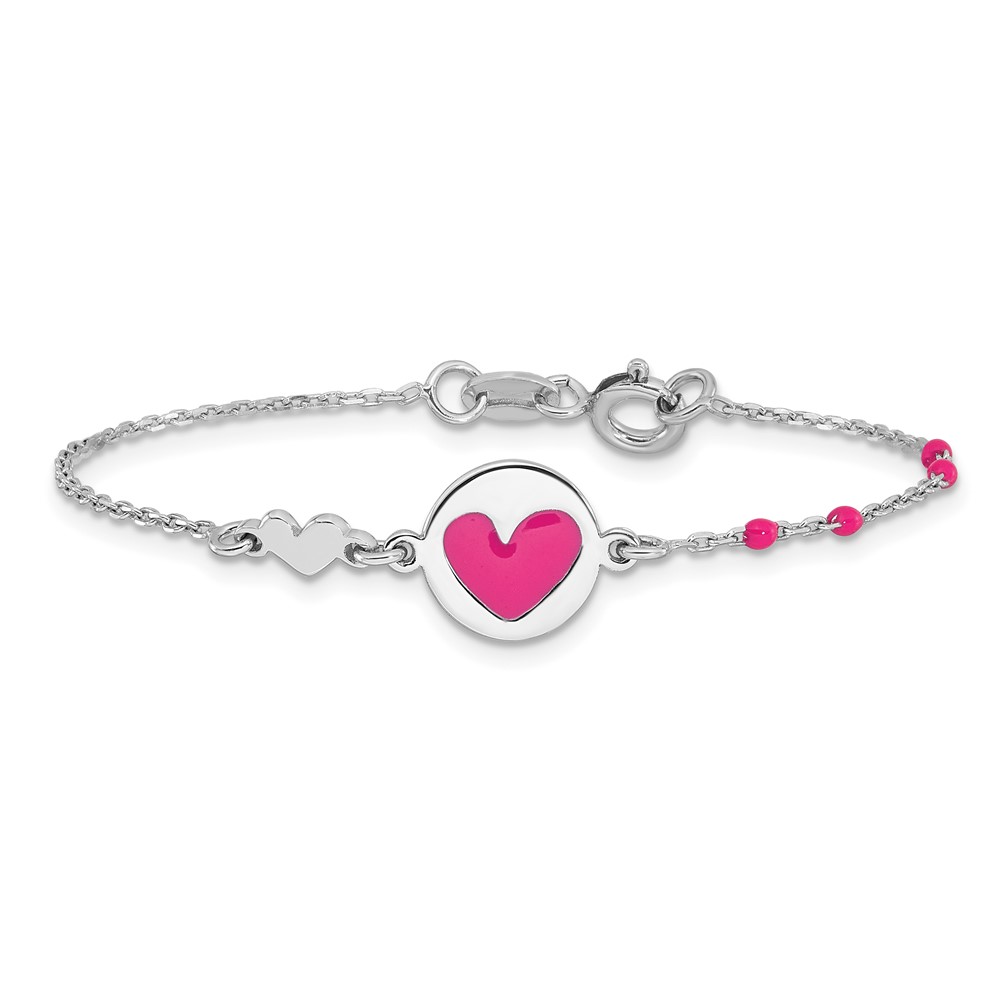 Sterling Silver Polished Pink Enamel Heart Children's 6in Bracelet (QG6725-6)