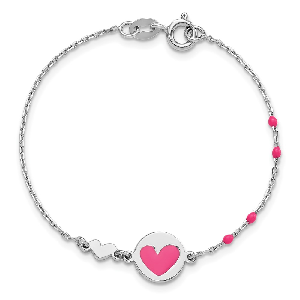 Sterling Silver Polished Pink Enamel Heart Children's 6in Bracelet (QG6725-6)