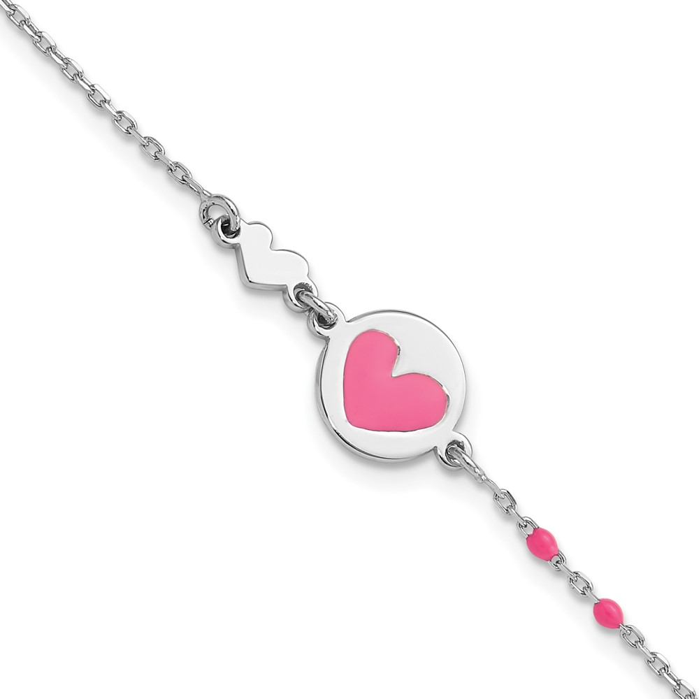 Sterling Silver Polished Pink Enamel Heart Children's 6in Bracelet (QG6725-6)