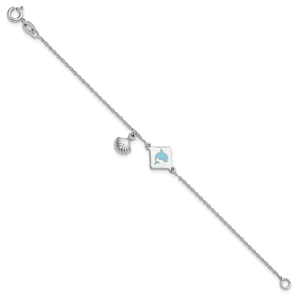 Sterling Silver Polished Enameled Dolphin Seashell Children's 6in Bracelet (QG6729-6)