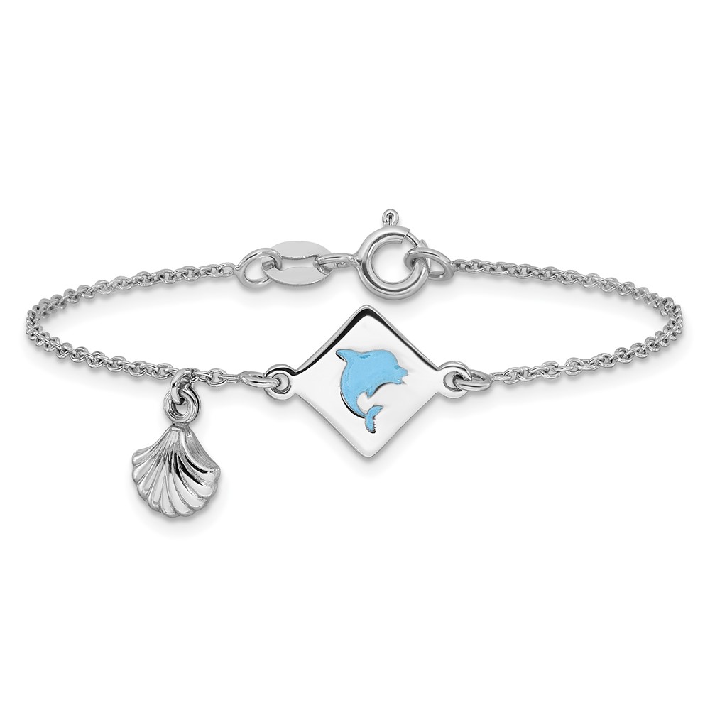 Sterling Silver Polished Enameled Dolphin Seashell Children's 6in Bracelet (QG6729-6)