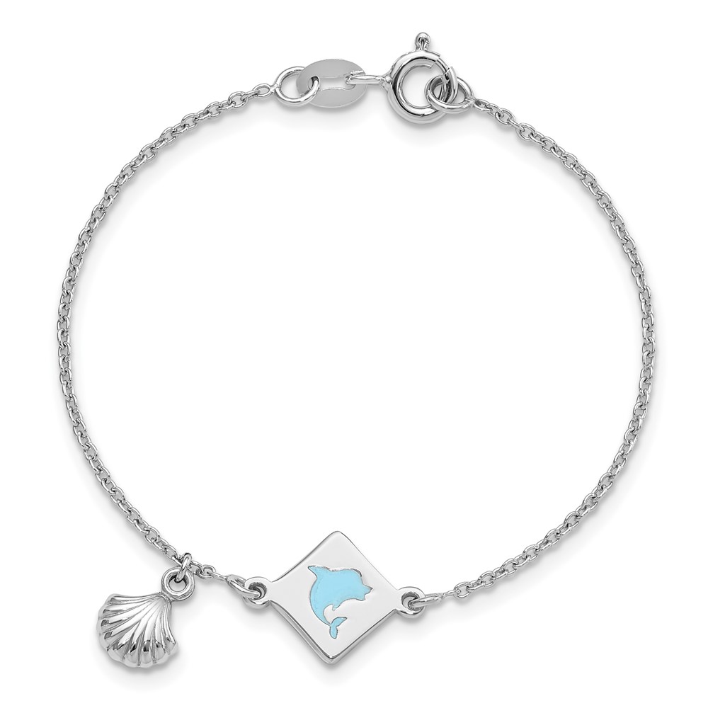 Sterling Silver Polished Enameled Dolphin Seashell Children's 6in Bracelet (QG6729-6)