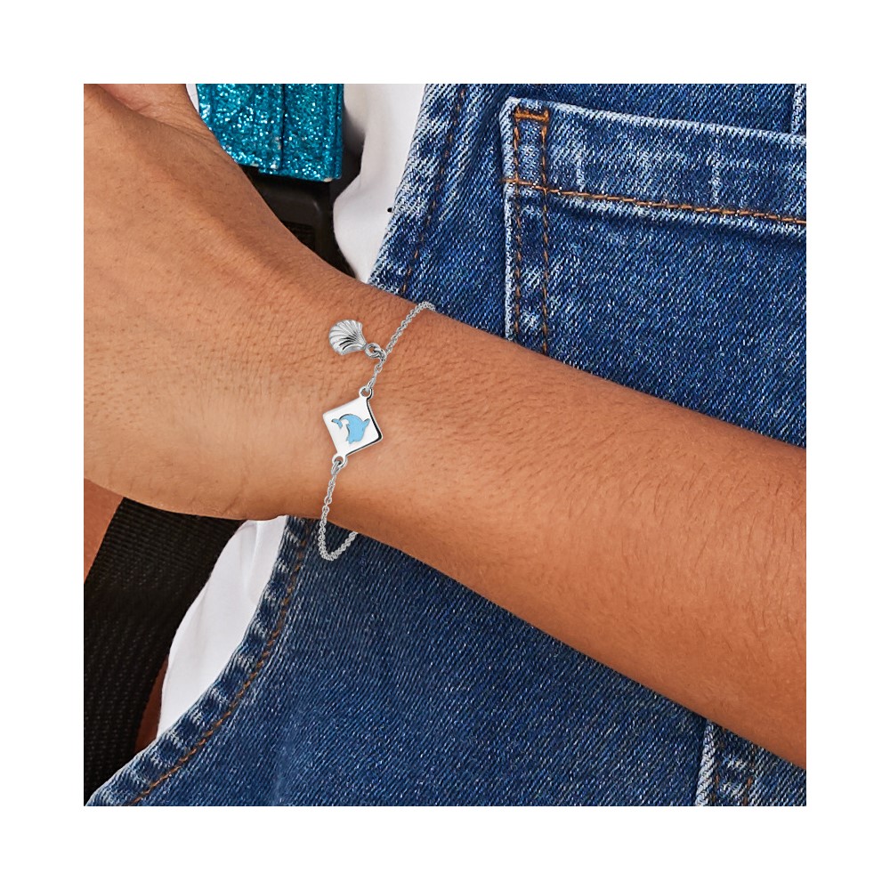 Sterling Silver Polished Enameled Dolphin Seashell Children's 6in Bracelet (QG6729-6)