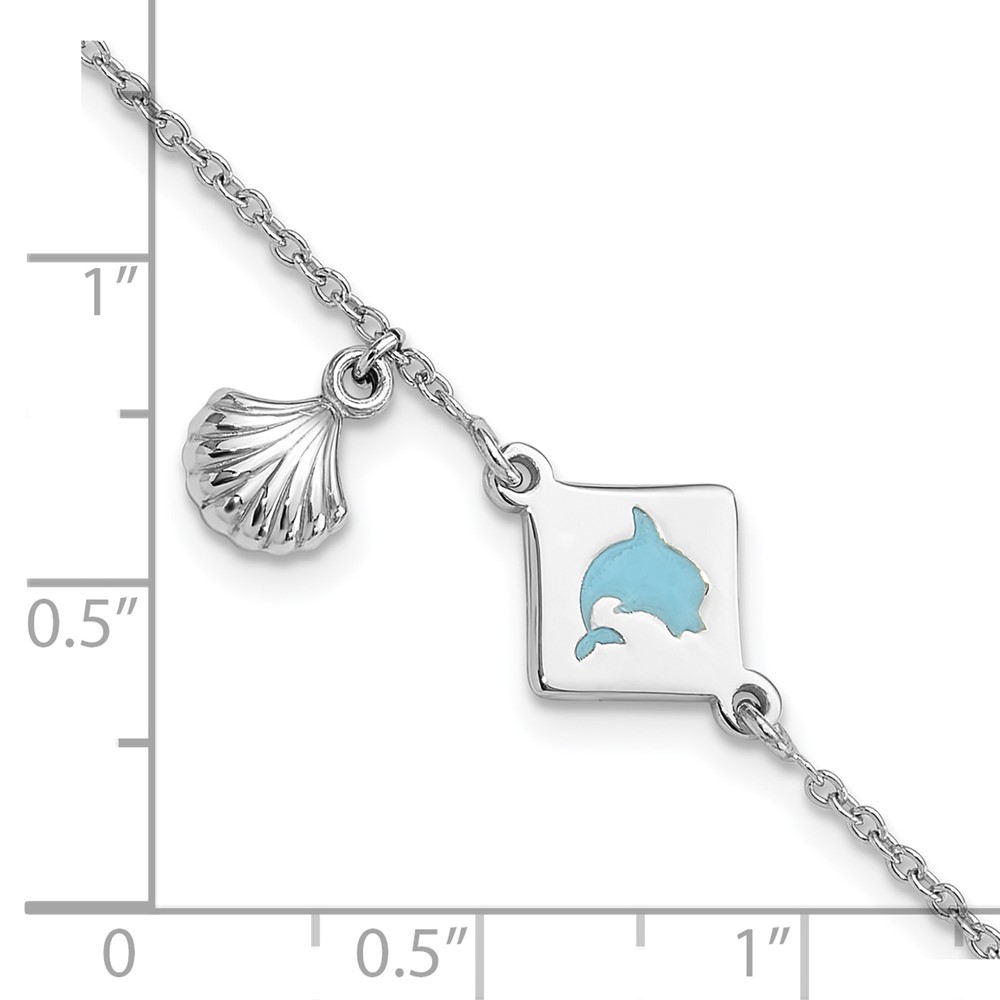 Sterling Silver Polished Enameled Dolphin Seashell Children's 6in Bracelet (QG6729-6)