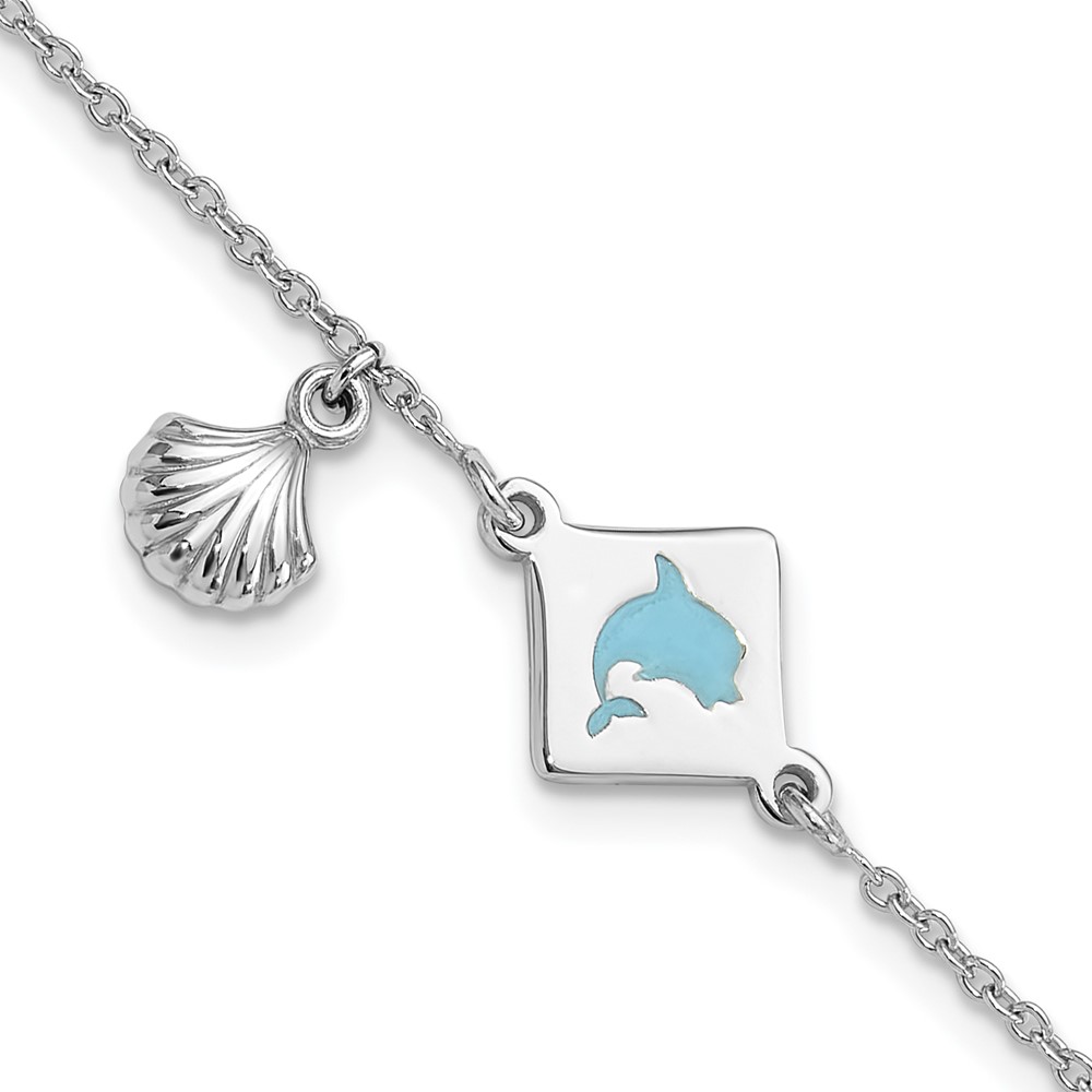 Sterling Silver Polished Enameled Dolphin Seashell Children's 6in Bracelet (QG6729-6)