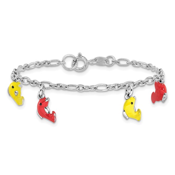 Sterling Silver Polished & Enameled Dolphins Children's 6in Bracelet