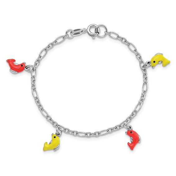 Sterling Silver Polished & Enameled Dolphins Children's 6in Bracelet